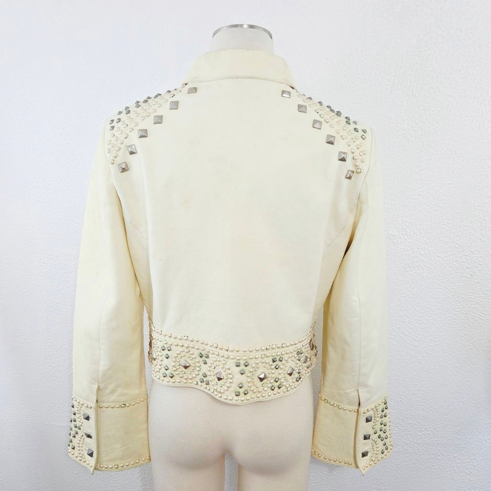 Double D Ranch studded ivory leather biker jacket distressed western size medium - Picture 3 of 13